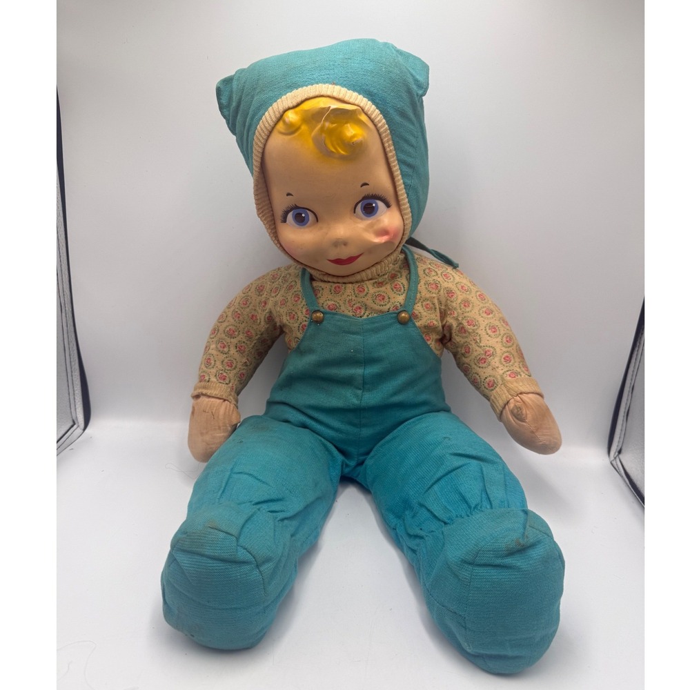 Vintage Rushton Star Band Rubber Face Doll Teal Overalls Floral Plush 23 Inch